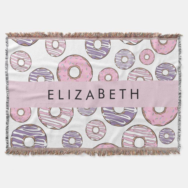 Pink Donuts, Purple Donuts, Sprinkles, Your Name Throw Blanket (Front)