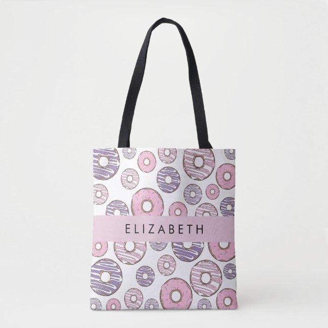 Pink Donuts, Purple Donuts, Sprinkles, Your Name Tote Bag (Front)