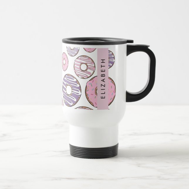 Pink Donuts, Purple Donuts, Sprinkles, Your Name Travel Mug (Right)