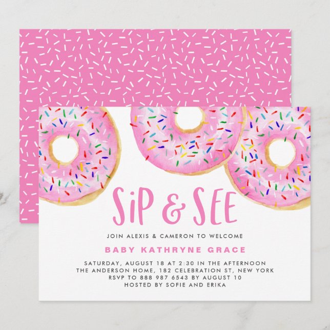 Pink Donuts Sprinkles Baby Shower Sip and See Invitation (Front/Back)