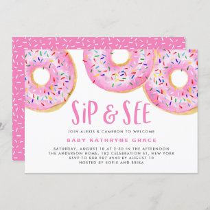 Pink Donuts Sprinkles Baby Shower Sip and See Invitation