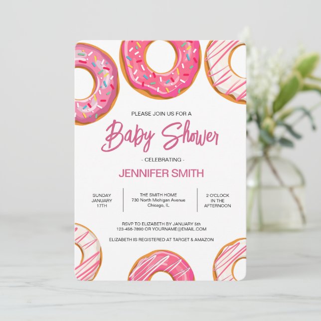 Pink Donuts Sprinkles Girl Baby Shower Invitation (Standing Front)