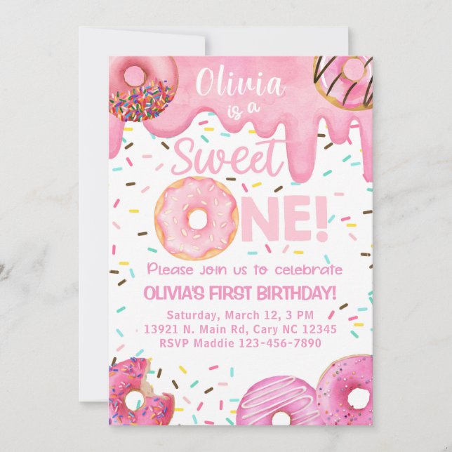 Pink donuts sweet one girl birthday invite. invitation (Front)