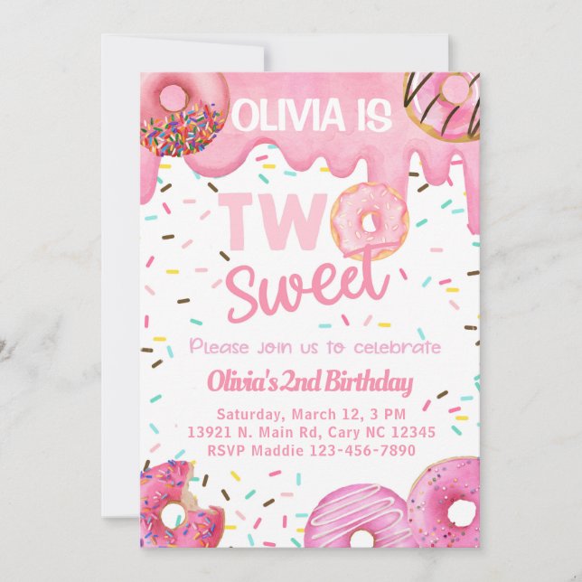 Pink donuts sweet two girl 2nd birthday invite. invitation (Front)