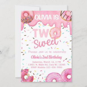 Pink donuts sweet two girl 2nd birthday invite. invitation