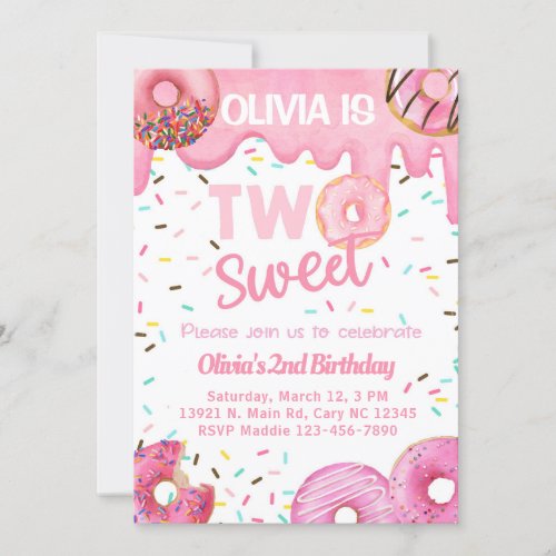 Pink donuts sweet two girl 2nd birthday invite invitation