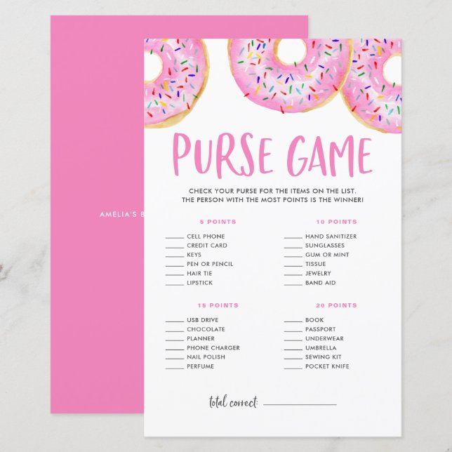 Pink Donuts What's In Your Purse Baby Shower Game (Front/Back)