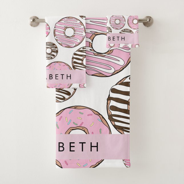 Pink Donuts, White Donuts, Sprinkles, Your Name Bath Towel Set (Insitu)