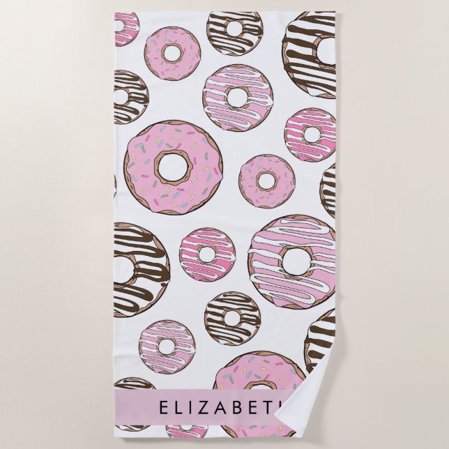Pink Donuts, White Donuts, Sprinkles, Your Name Beach Towel (Front)