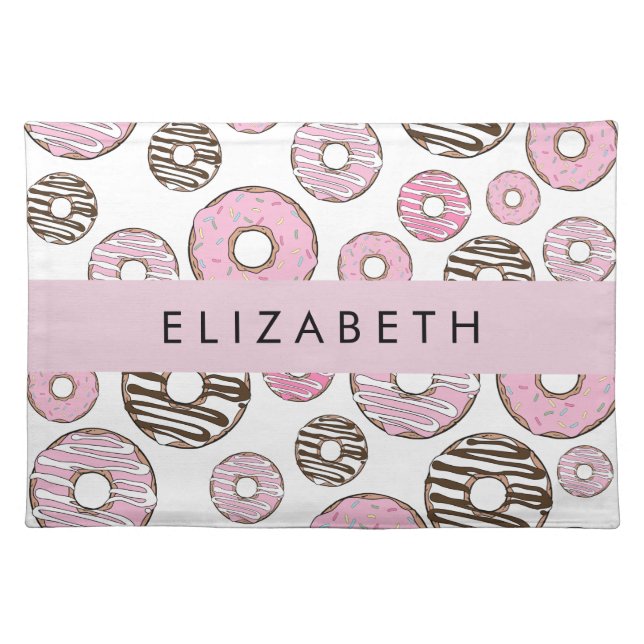 Pink Donuts, White Donuts, Sprinkles, Your Name Cloth Placemat (Front)