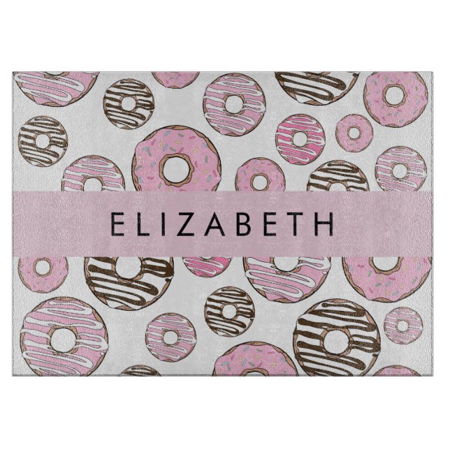 Pink Donuts, White Donuts, Sprinkles, Your Name Cutting Board (Front)