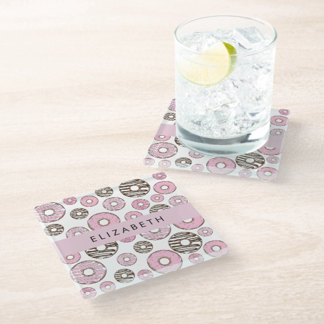 Pink Donuts, White Donuts, Sprinkles, Your Name Glass Coaster (Angled)