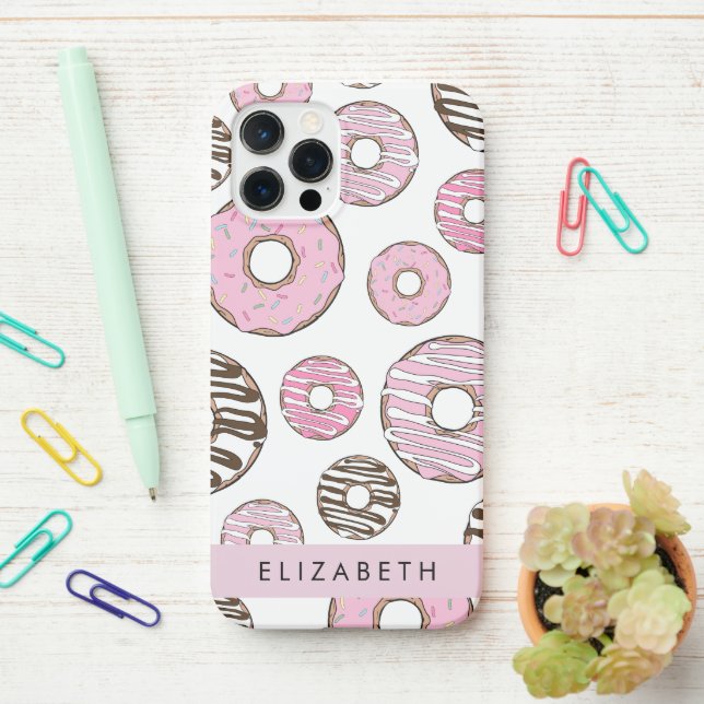 Pink Donuts, White Donuts, Sprinkles, Your Name iPhone Case (On Desk)