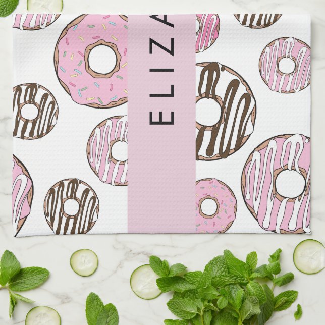 Pink Donuts, White Donuts, Sprinkles, Your Name Kitchen Towel (Folded)