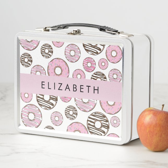 Pink Donuts, White Donuts, Sprinkles, Your Name Metal Lunch Box (In Situ)