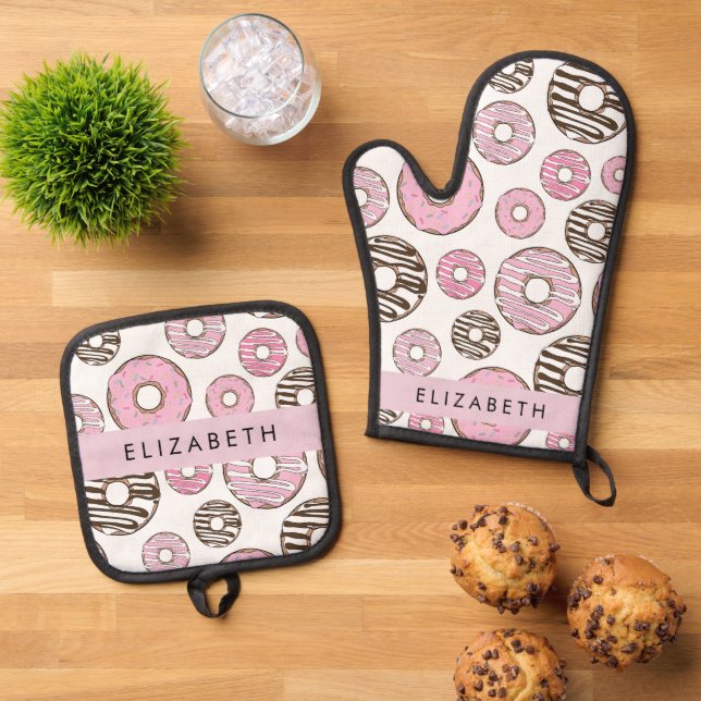 Pink Donuts, White Donuts, Sprinkles, Your Name Oven Mitt & Pot Holder Set (Top Down)