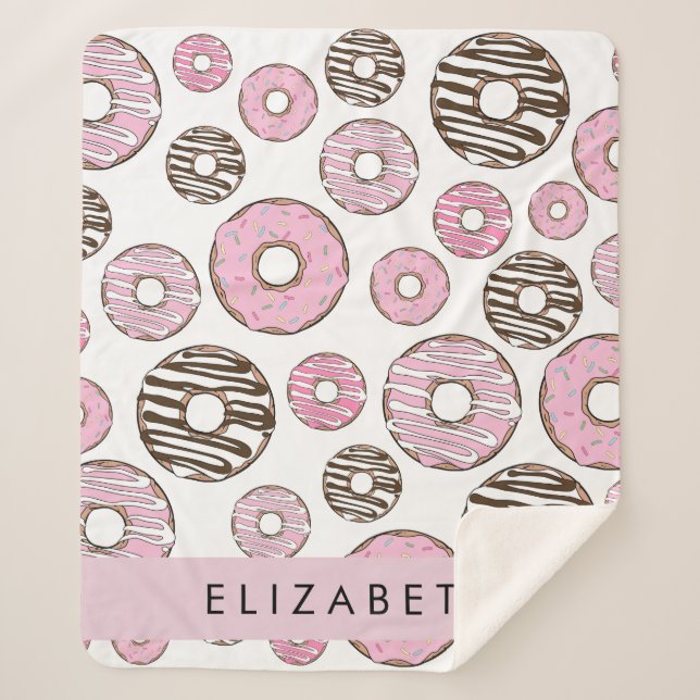 Pink Donuts, White Donuts, Sprinkles, Your Name Sherpa Blanket (Front)