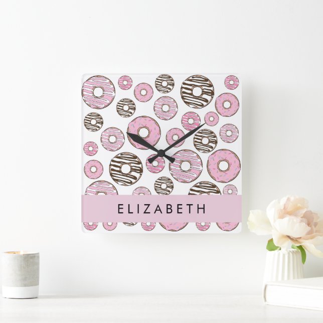 Pink Donuts, White Donuts, Sprinkles, Your Name Square Wall Clock (Home)