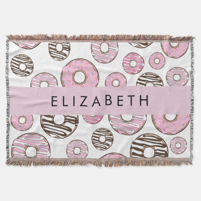 Pink Donuts, White Donuts, Sprinkles, Your Name Throw Blanket (Front)