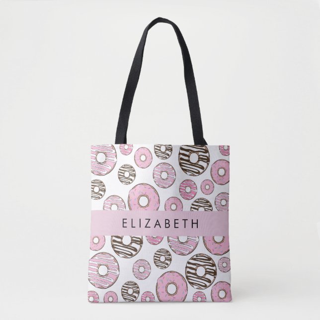Pink Donuts, White Donuts, Sprinkles, Your Name Tote Bag (Front)
