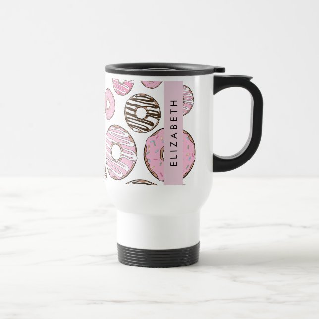 Pink Donuts, White Donuts, Sprinkles, Your Name Travel Mug (Right)