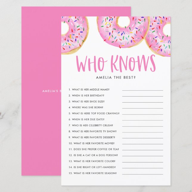 Pink Donuts Who Knows Mom Best Baby Shower Game (Front/Back)