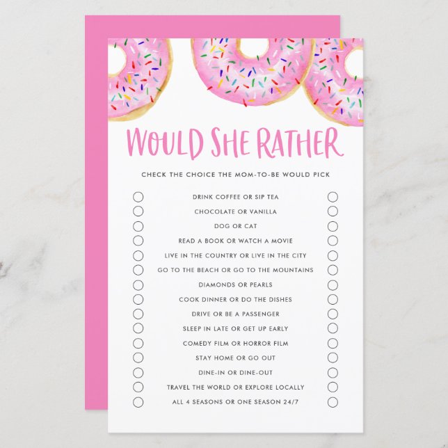 Pink Donuts Would She Rather Baby Shower Game (Front/Back)