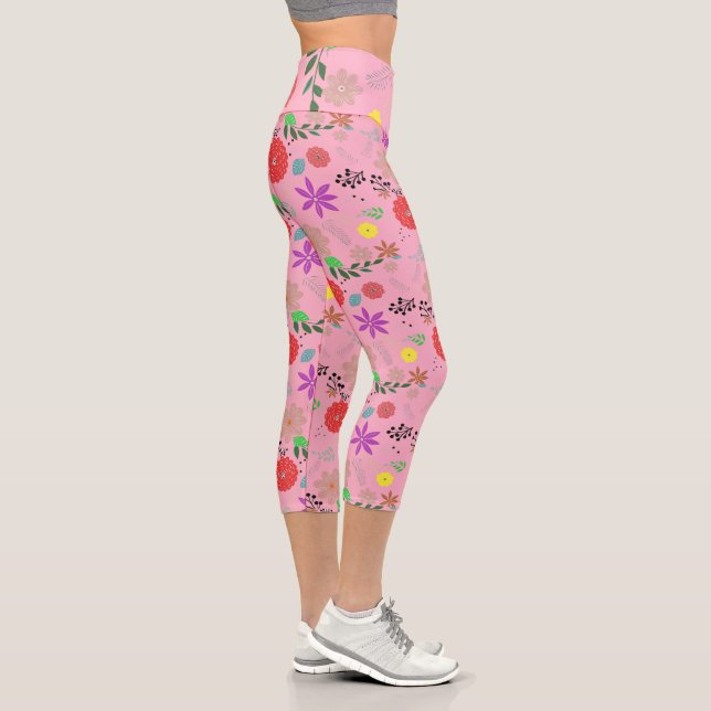 Pink Doodle Art Fun Flowers / Floral Capri Leggings (Right)