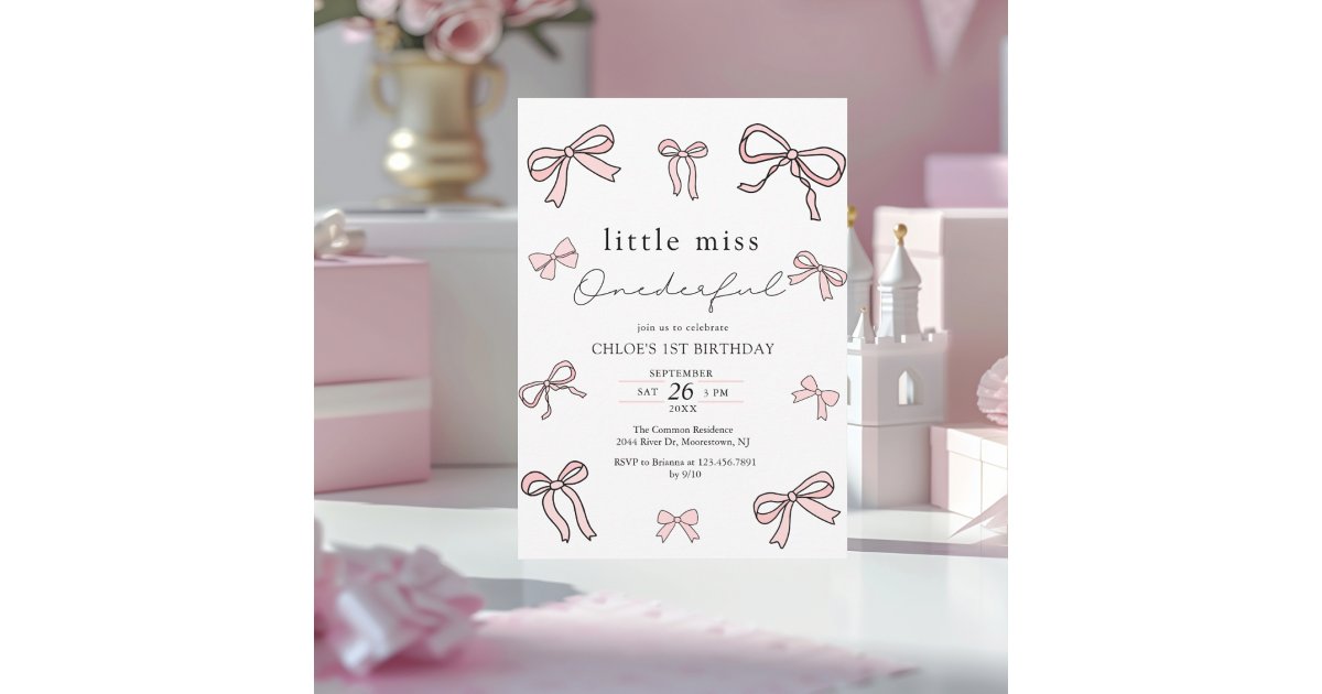 Pink Doodle Bow Baby Girl 1st Birthday Invitation | Zazzle