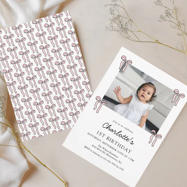 Pink Doodle Bow Baby Girl 1st Birthday Invitation | Zazzle