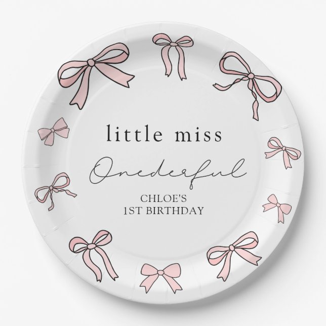 Pink Doodle Bow Baby Girl 1st Birthday Paper Plates (Front)