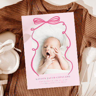 Pink Doodle Bow Frame Birth Announcement Photo