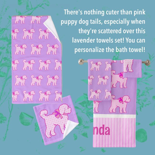 Pink Doodle Dog Lavender Personalized  Bath Towel Set (Pink Puppy Love bath towel set)