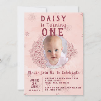 Pink doodle flowers photo invitation