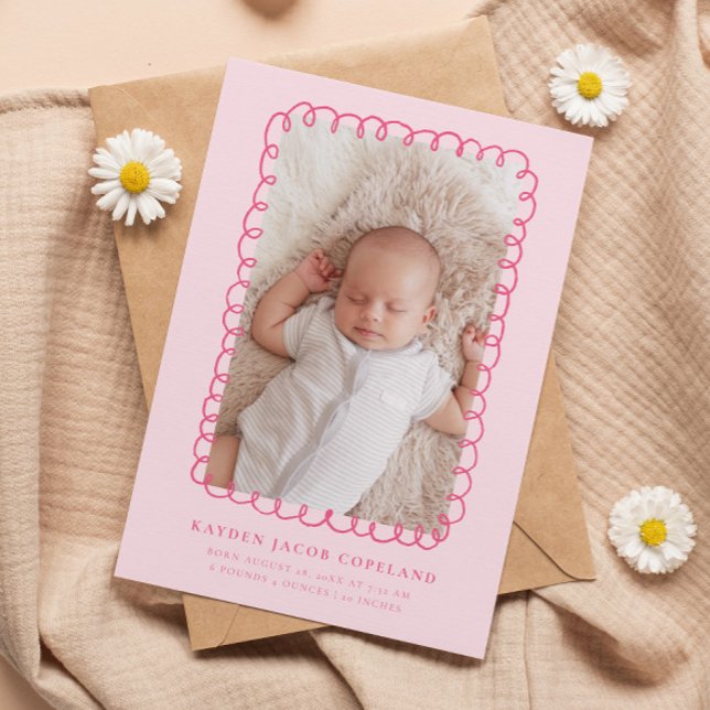 Pink Doodle Frame Birth Announcement Photo (Creator Uploaded)