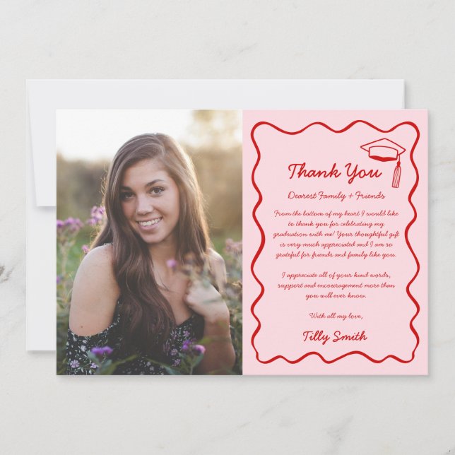 Pink Doodle Graduation Thank You Card 3 Photo Wavy (Front)