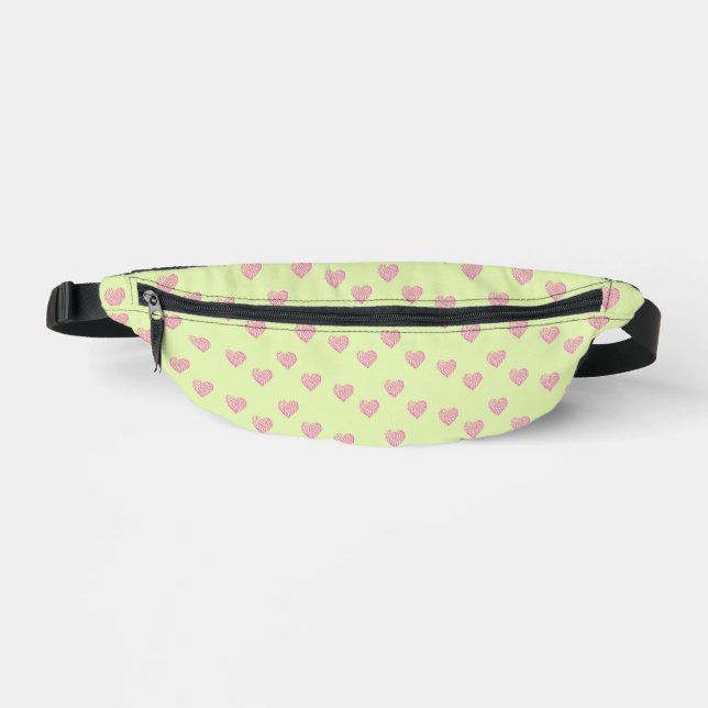Pink doodle lines hearts on green fanny pack (Front)