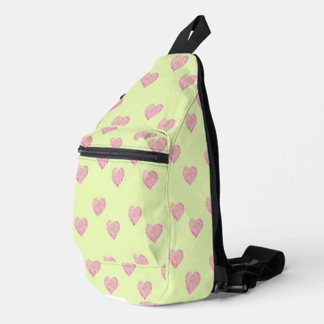 Pink doodle lines hearts on green sling bag (Right Corner)