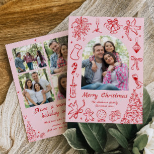 Pink Doodle Year in Review Card Family Newsletter