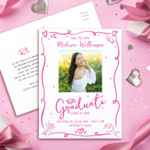 Pink Doodles Graduation Save the Date Photo White