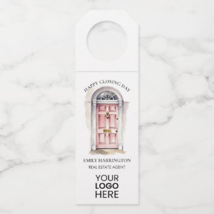 Pink Door Watercolor Closing Real Estate Agent Bottle Hanger Tag