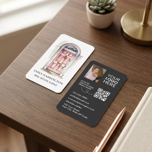 Pink Door Watercolor QR Code Real Estate Agent Business Card