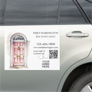 Pink Door Watercolor QR Code Real Estate Agent Car Magnet
