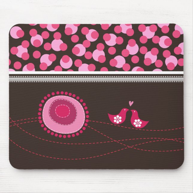 Pink Dot Flowers & Happy Birds Pattern Mousepad (Front)