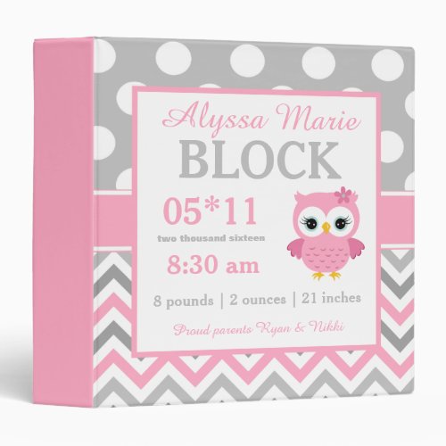 Pink Dot Owl Personalized Baby Album 3 Ring Binder