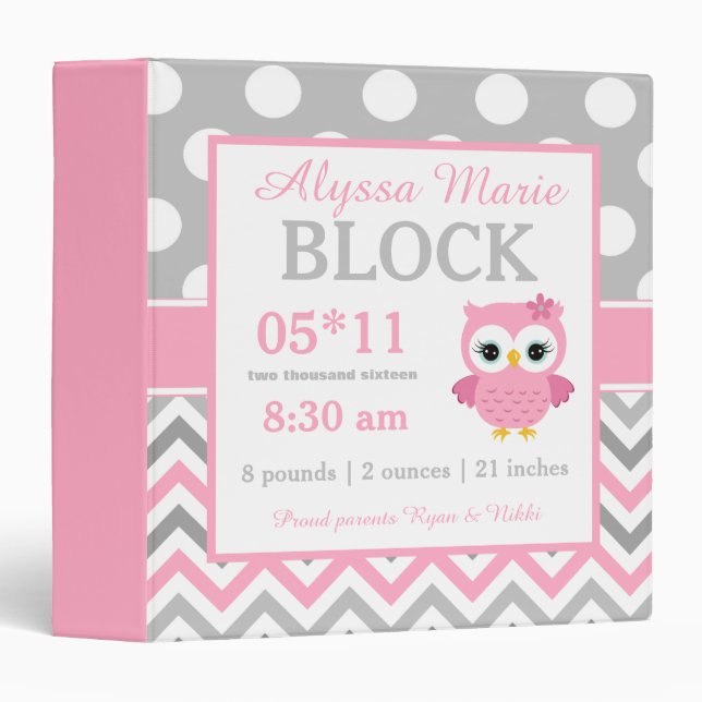 Pink Dot Owl Personalized Baby Album 3 Ring Binder (Front/Spine)