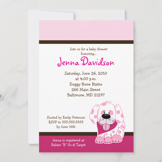 Pink Dot Puppy Dog Baby Girl Shower 5x7 Invitation (Front)