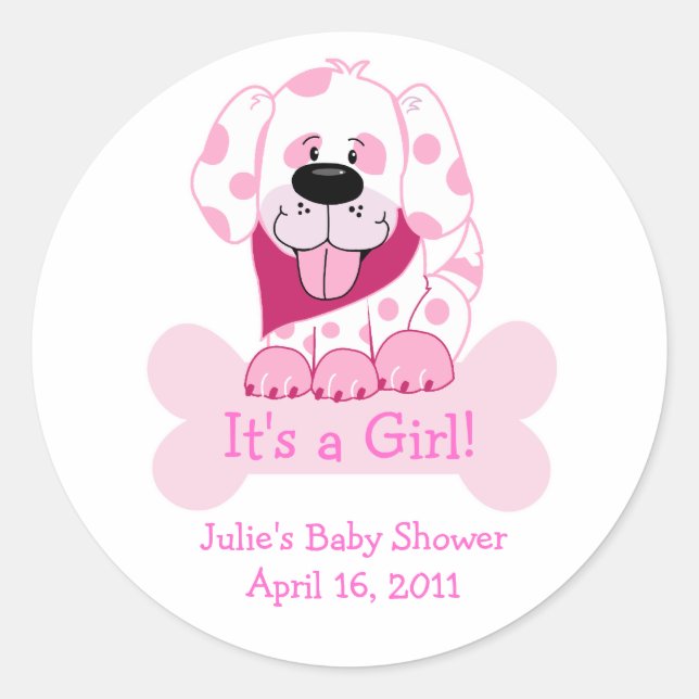 Pink Dot Puppy Dog Baby Shower Favor Stickers (Front)