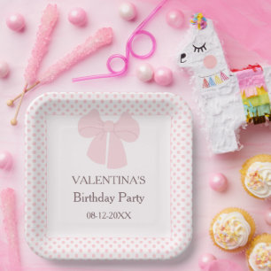 Pink dots and pink bow girls birthday paper plates