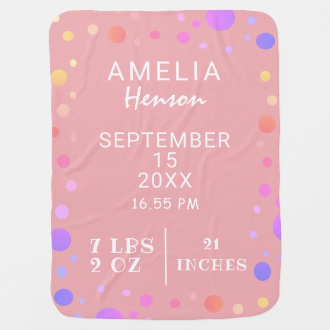 Pink Dots Baby Girl Birth Stats Baby Blanket (Front)